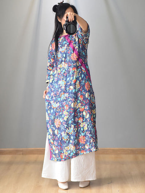 Women Summer Vintage Floral Buckle Spliced Split Hem Dress