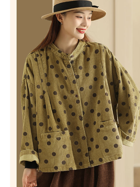 Plus Size Retro Dot Croduroy Stand Collar Shirt Coat