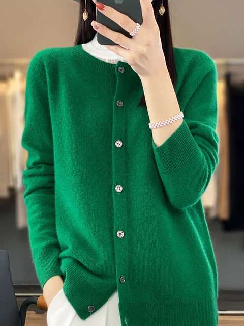 Women Autumn Wool O-Neck Cardigan Knit Sweater