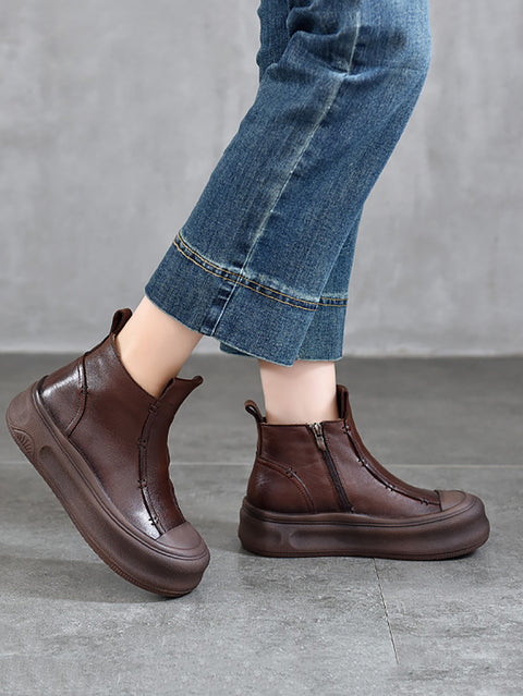 Women Winter Genuine Leather Spliced Mid-heel Boots