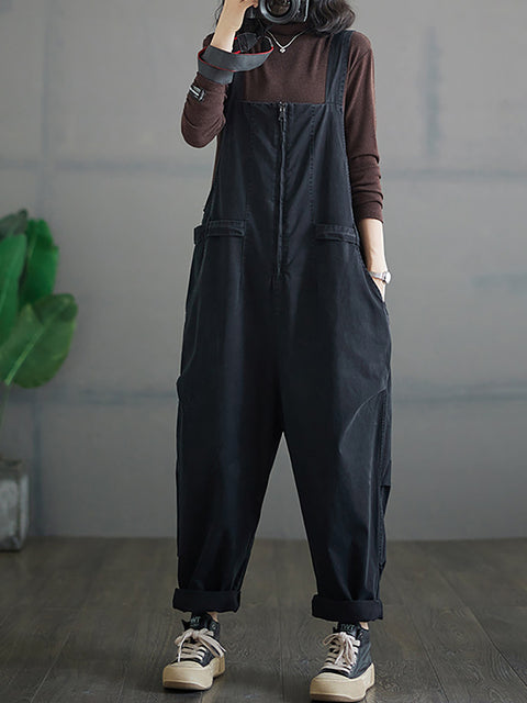 Kvinder efterår Vintage lynlås Casual Løse Solid Jumpsuits