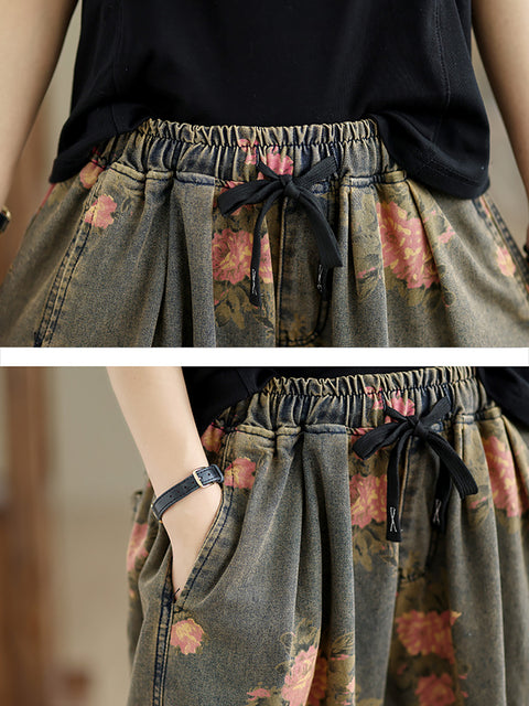 Kvinder Sommer Retro Flower Denim Løse Bukser