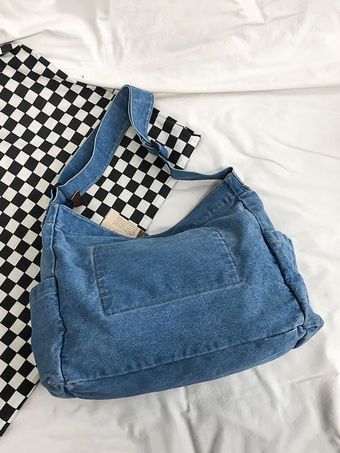 Kvinder vintage massiv denim taske med stor kapacitet