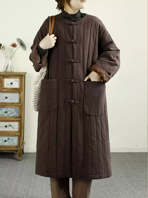 Women Ethnic Autumn Solid Cotton Padded Long Coat