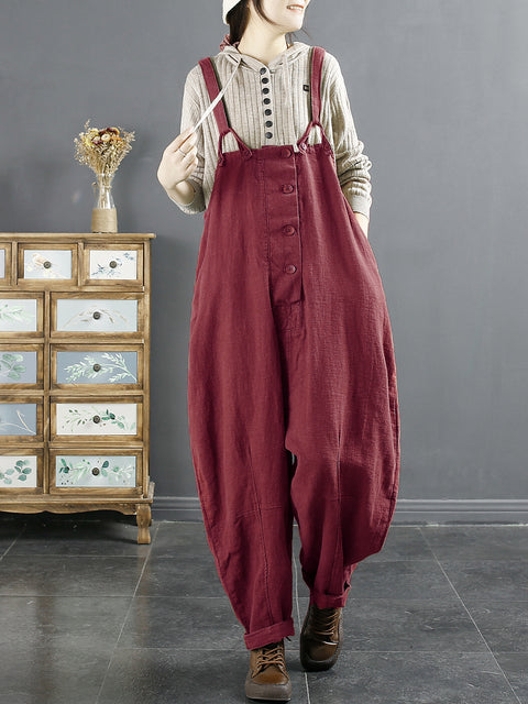 Plus Size Kvinder Vintage Solid Linen Løse Jumpsuits