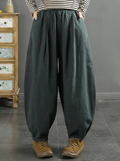 Plus Size Kvinder Autumn 100% Linen Pure Color Loose Harem Pants