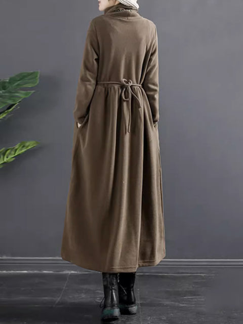 Plus Size Women Pure Color Turtleneck Draped Long Dress