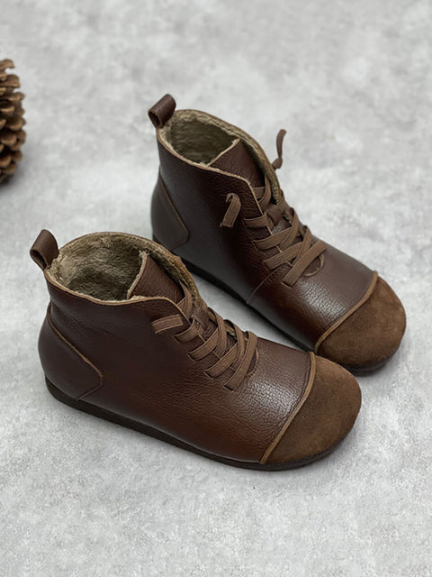 Women Winter Vintage Leather Drawstring Splicing Ankle Boots