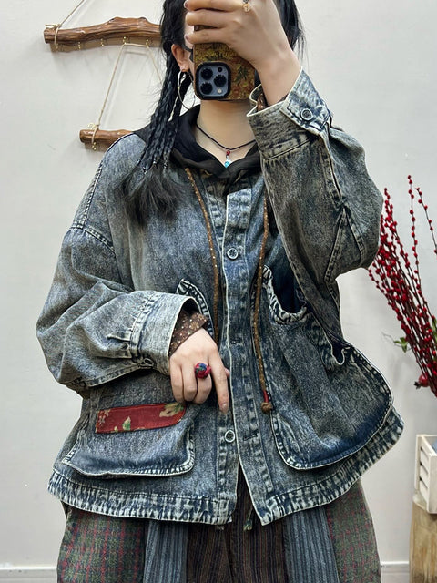 Kvinder Spring Retro Uregelmæssig Patch Pocket Denim Coat