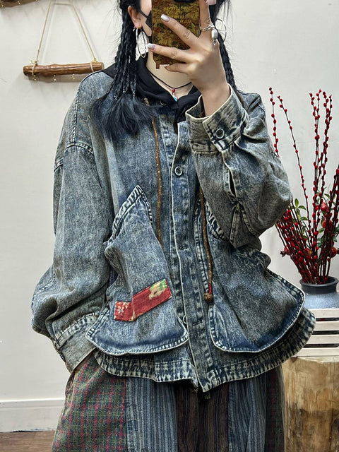 Plus Size Women Spring Retro Irregular Patch Pocket Denim Coat