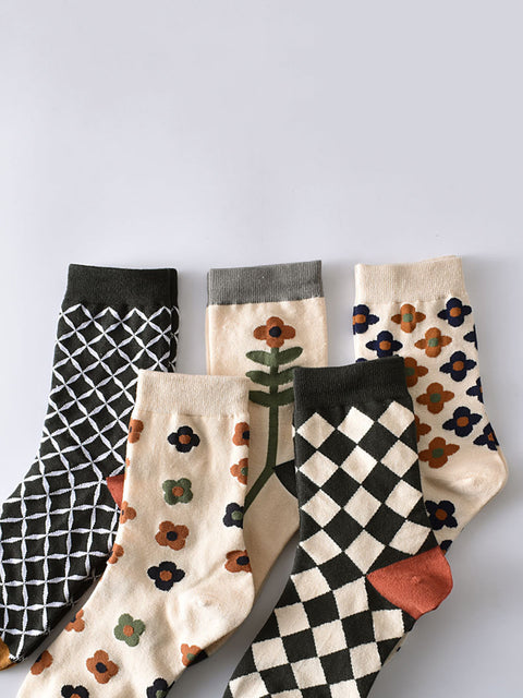 5 Pairs Women Casual Rhomboids Flower Socks