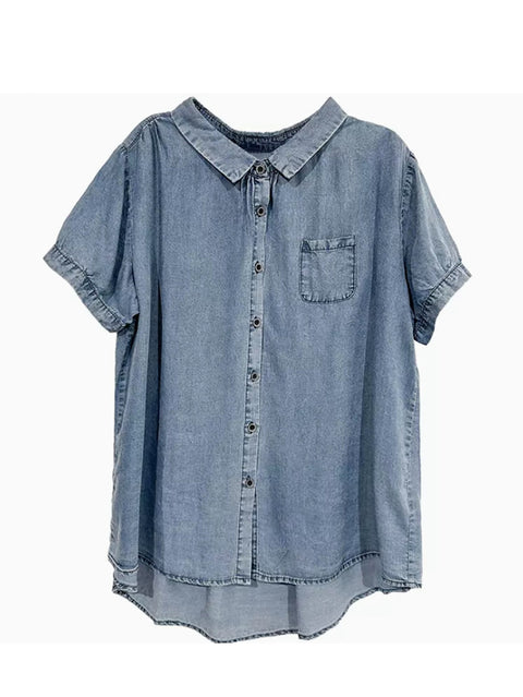 Plus Size Dame Sommer Solid Button Pocket Denim Shirt