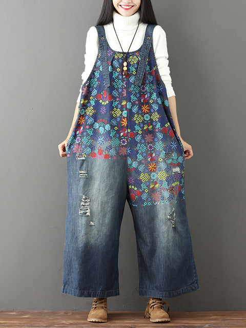 Kvinder Vintage Floral Flossede Pocket Jumpsuits med lige ben