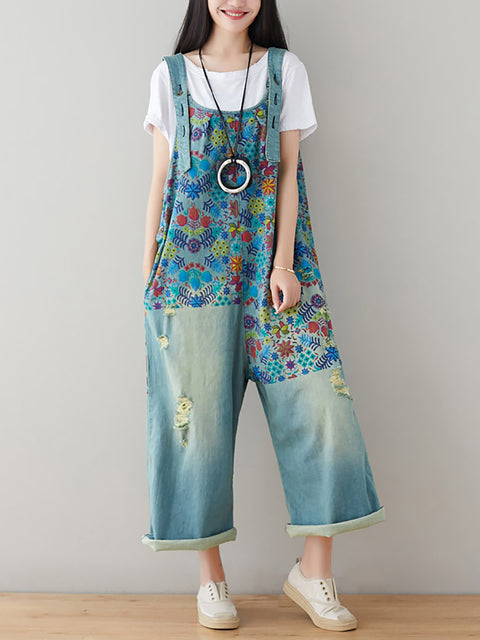 Women Vintage Floral Frayed Pocket Straight-leg Denim Jumpsuits