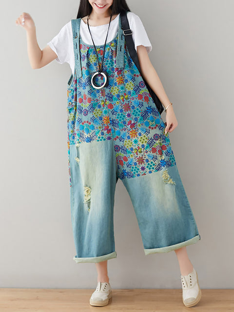 Kvinder Vintage Floral Flossede Pocket Jumpsuits med lige ben