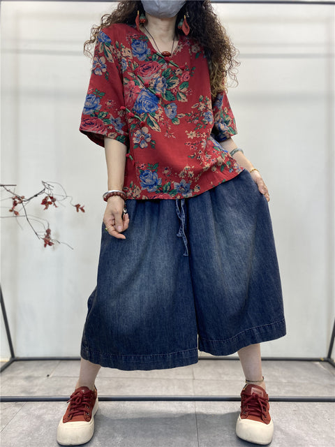 Plus Size Kvinder Sommer Retro Flower Loose Bomuldsskjorte