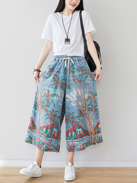 Kvinder Sommer Artsy Print Pocket Denimbukser med brede ben