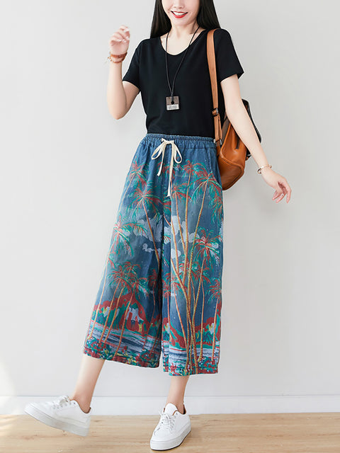 Kvinder Sommer Artsy Print Pocket Denimbukser med brede ben