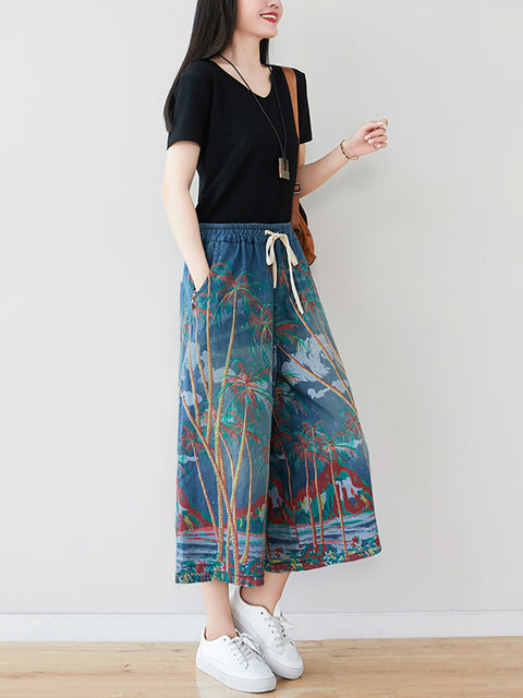 Kvinder Sommer Artsy Print Pocket Denimbukser med brede ben