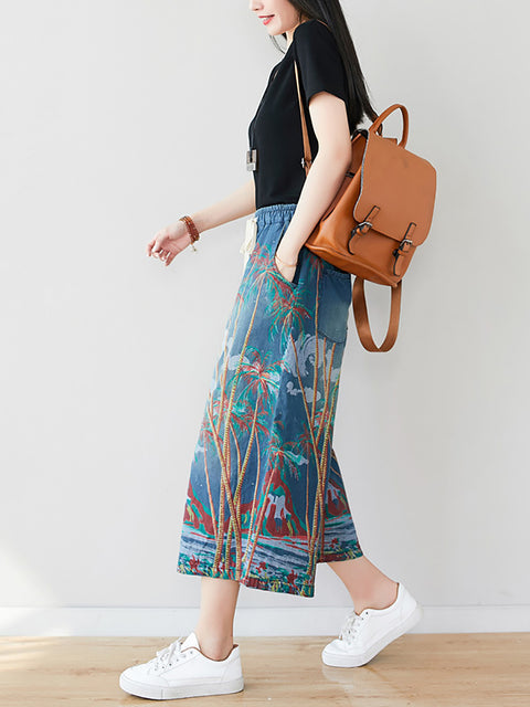 Kvinder Sommer Artsy Print Pocket Denimbukser med brede ben