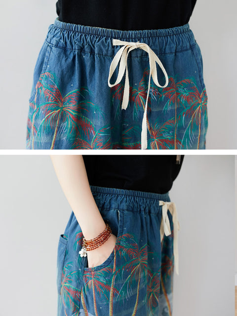 Kvinder Sommer Artsy Print Pocket Denimbukser med brede ben