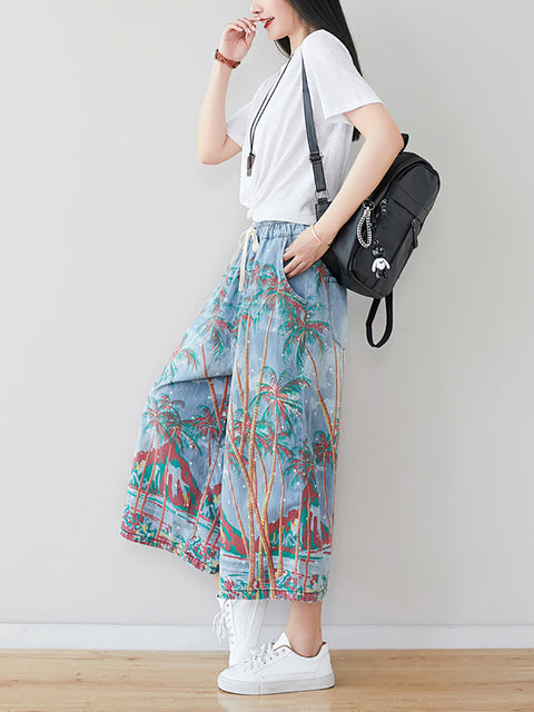 Kvinder Sommer Artsy Print Pocket Denimbukser med brede ben