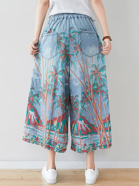 Kvinder Sommer Artsy Print Pocket Denimbukser med brede ben