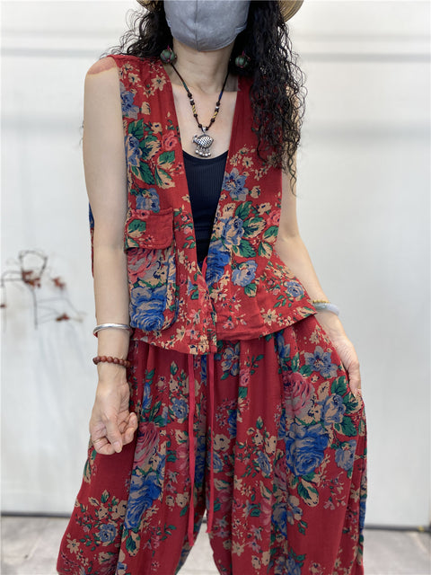 Plus Size Women Summer Vintage Floral Pocket Cotton Vest