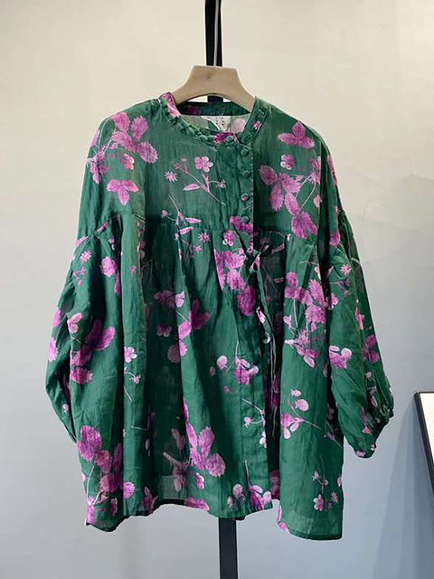 Plus Size Summer Vintage Flower Button Ramie-skjorte med snøre