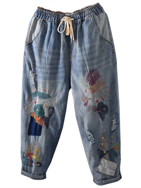 Kvinder Sommer Vintage Stitching Pocket Denim Harem Bukser