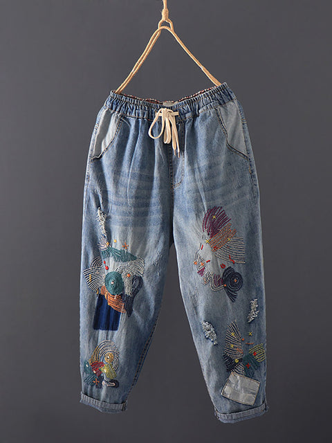 Kvinder Sommer Vintage Stitching Pocket Denim Harem Bukser