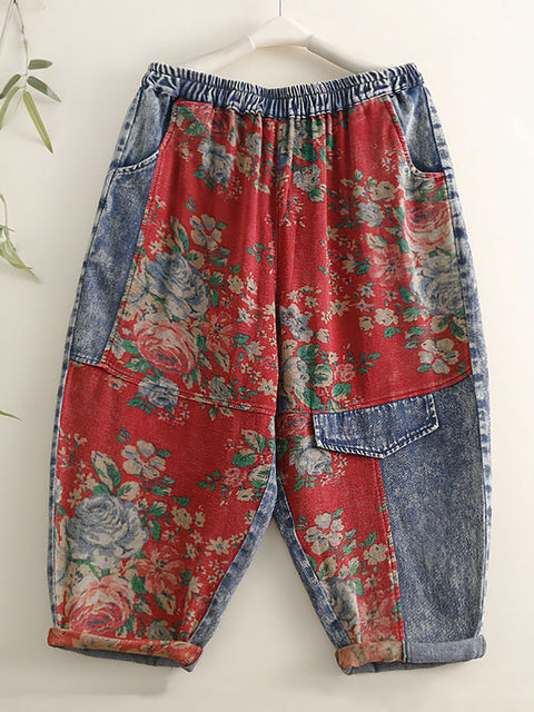 Plus Size Kvinder Sommer Vintage Floral Patch Splejsede Harem Bukser