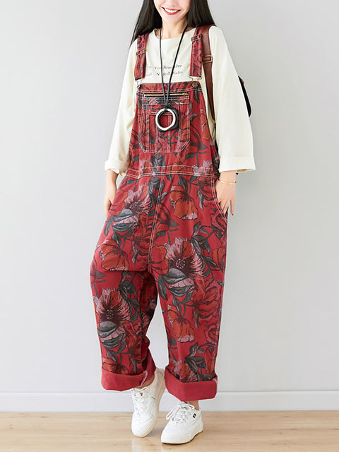 Kvinder Sommer Artsy Flower Print Pocket Loose Denim Jumpsuits