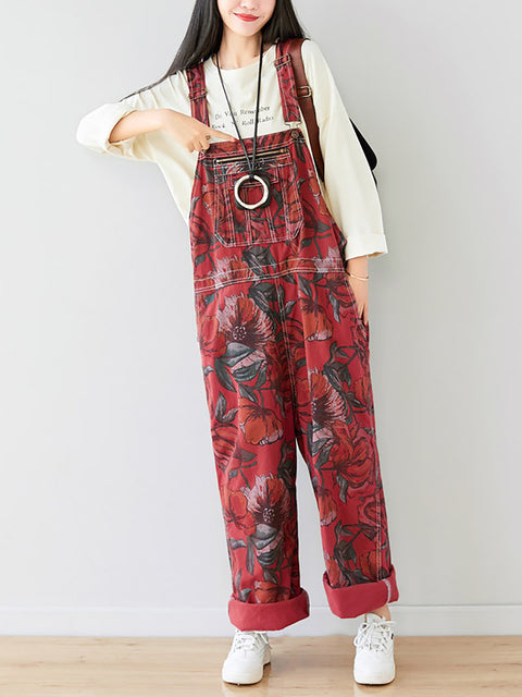 Kvinder Sommer Artsy Flower Print Pocket Loose Denim Jumpsuits