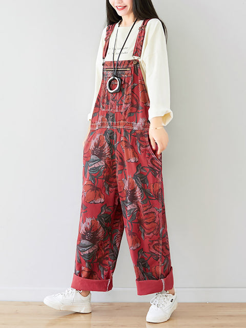 Kvinder Sommer Artsy Flower Print Pocket Loose Denim Jumpsuits