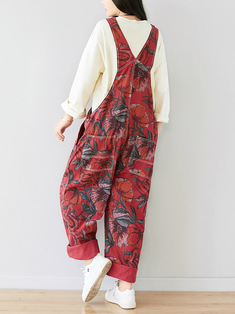 Kvinder Sommer Artsy Flower Print Pocket Loose Denim Jumpsuits