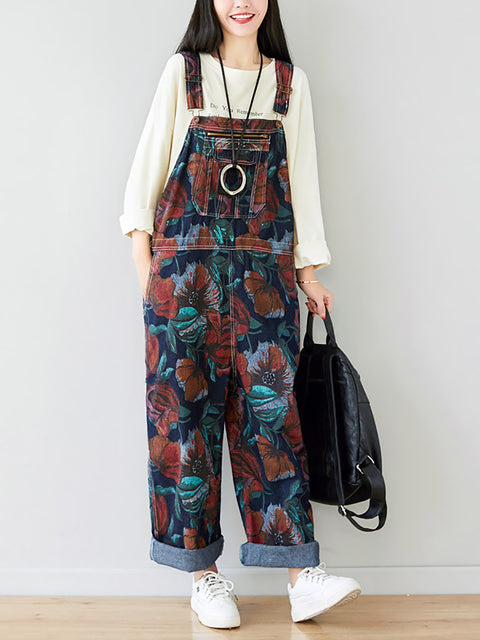 Kvinder Sommer Artsy Flower Print Pocket Loose Denim Jumpsuits