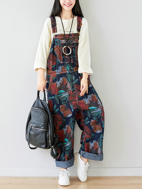 Kvinder Sommer Artsy Flower Print Pocket Loose Denim Jumpsuits