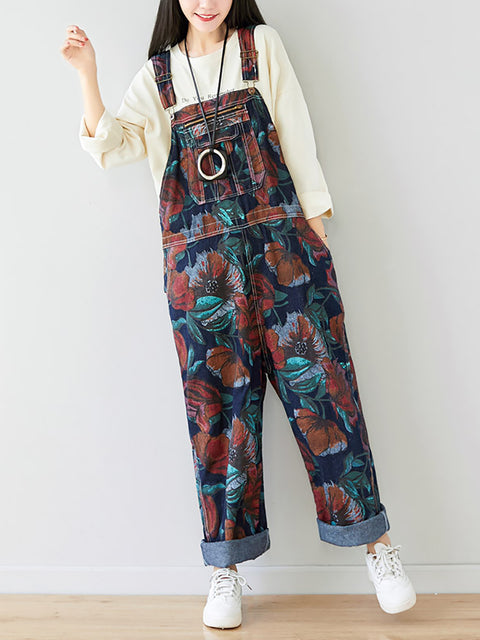 Kvinder Sommer Artsy Flower Print Pocket Loose Denim Jumpsuits