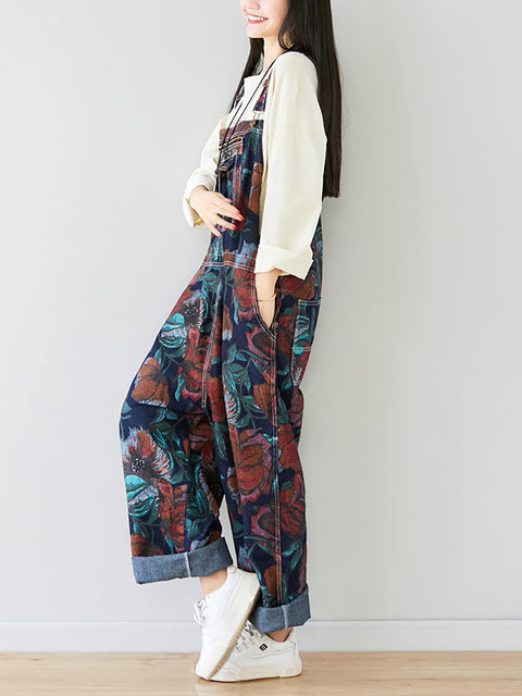 Kvinder Sommer Artsy Flower Print Pocket Loose Denim Jumpsuits