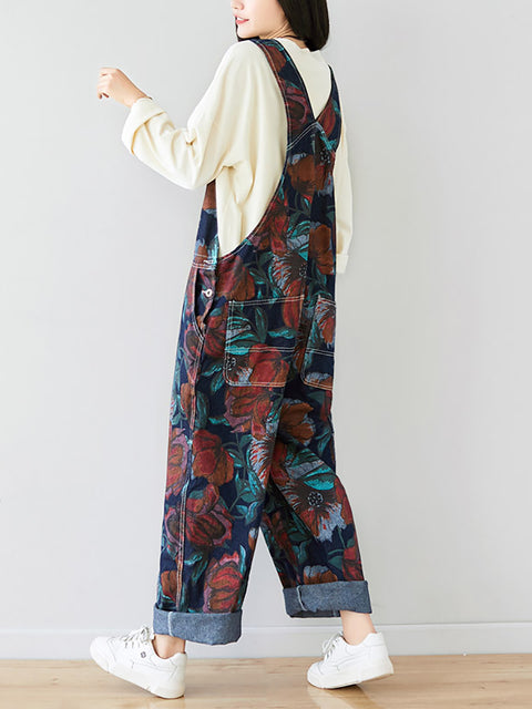 Kvinder Sommer Artsy Flower Print Pocket Loose Denim Jumpsuits