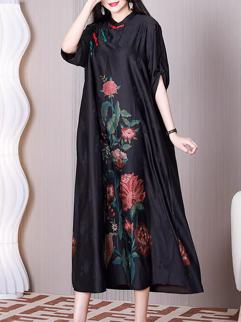 Plus Size Women Ethnic Flower A-shape Loose Dress