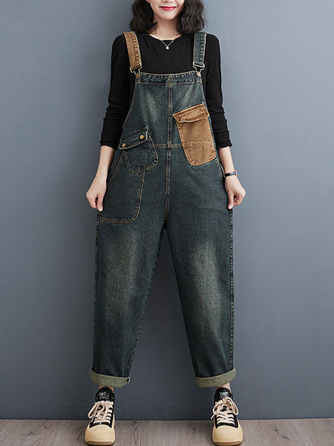 Kvinder Vintage Colorblock Denim Løse Jumpsuits