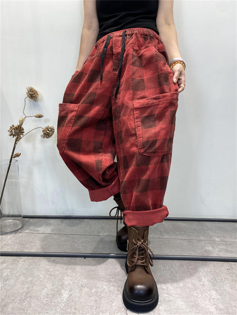 Plus Size Women Retro Plaid Corduroy Loose Harem Pants