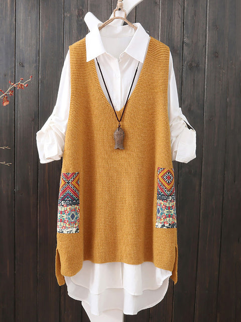 Women Ethnic V-Neck Loose Knitted Vest