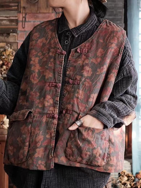 Kvinder Retro Flower Pocket Linen Button Vest Coat