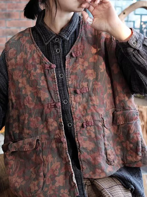 Kvinder Retro Flower Pocket Linen Button Vest Coat