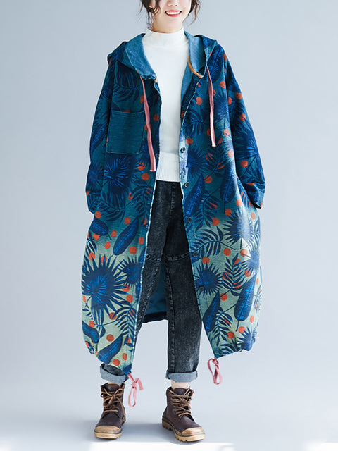 Kvinder Artsy Leaf Gradual Print Denim Hooded Long Coat