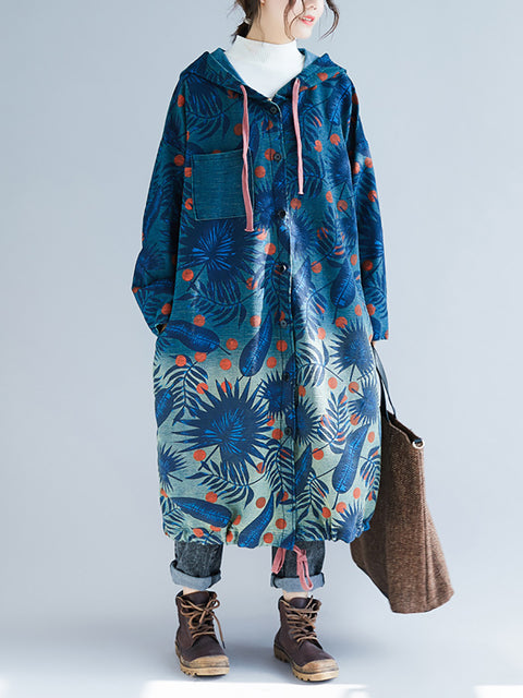 Kvinder Artsy Leaf Gradual Print Denim Hooded Long Coat