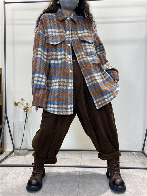 Plus Size Kvinder Vintage Plaid Vinterskjortejakke